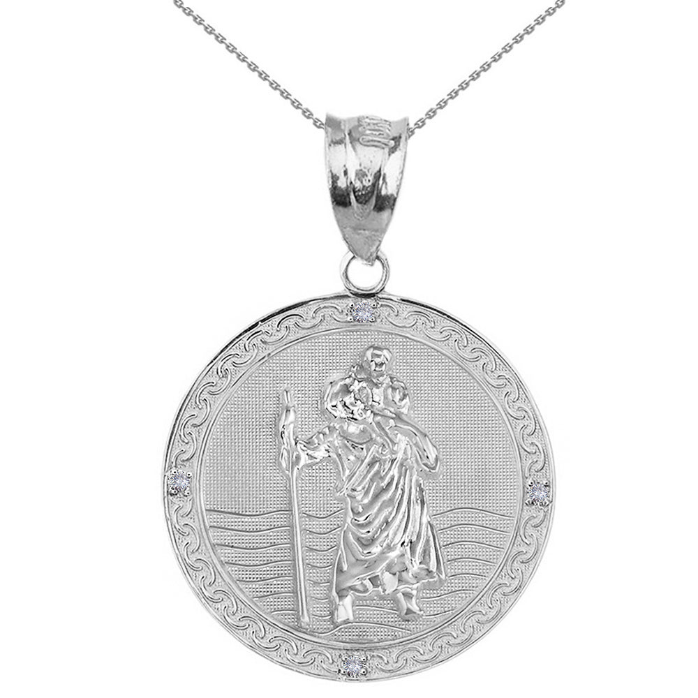 Sterling Silver Saint Christopher Engravable Medallion Circle CZ Pendant Necklace (1.16")