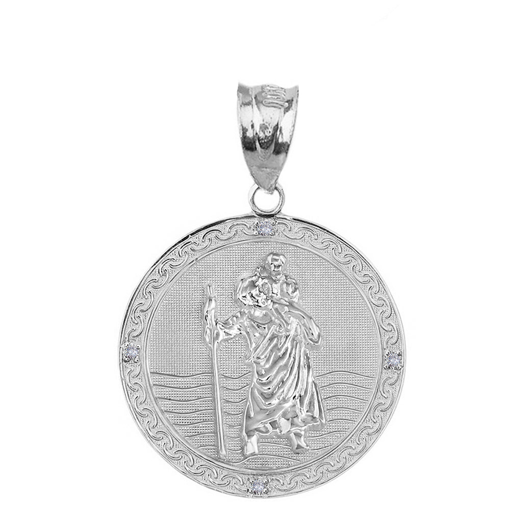 Sterling Silver Saint Christopher Engravable Medallion Circle CZ Pendant Necklace (1.16"), view 2