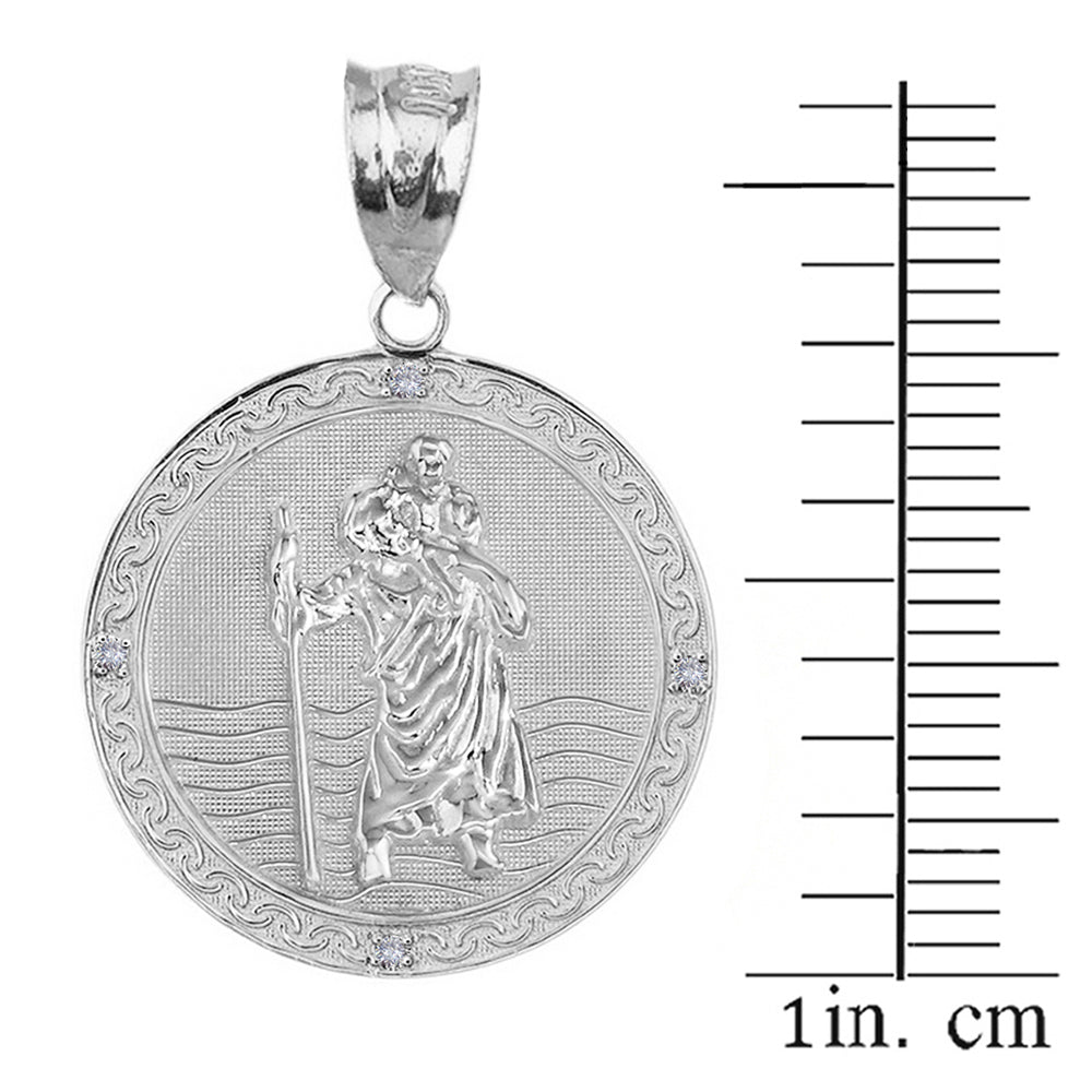 Sterling Silver Saint Christopher Engravable Medallion Circle CZ Pendant Necklace (1.16"), view 3
