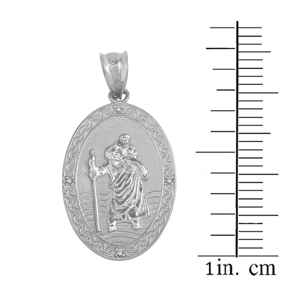 Sterling Silver Saint Christopher Engravable Medallion CZ Pendant Necklace (1"), view 3