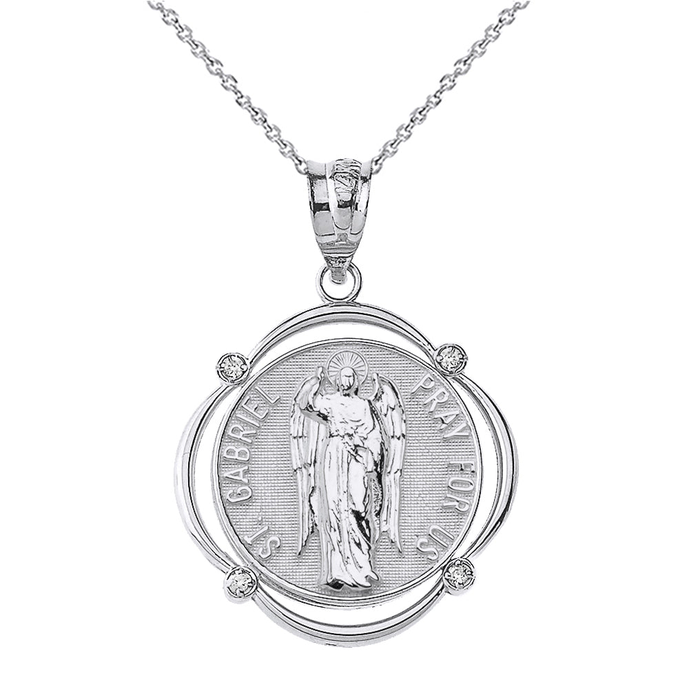 Sterling Silver Saint Gabriel Pray For Us CZ Circular Frame Pendant Necklace