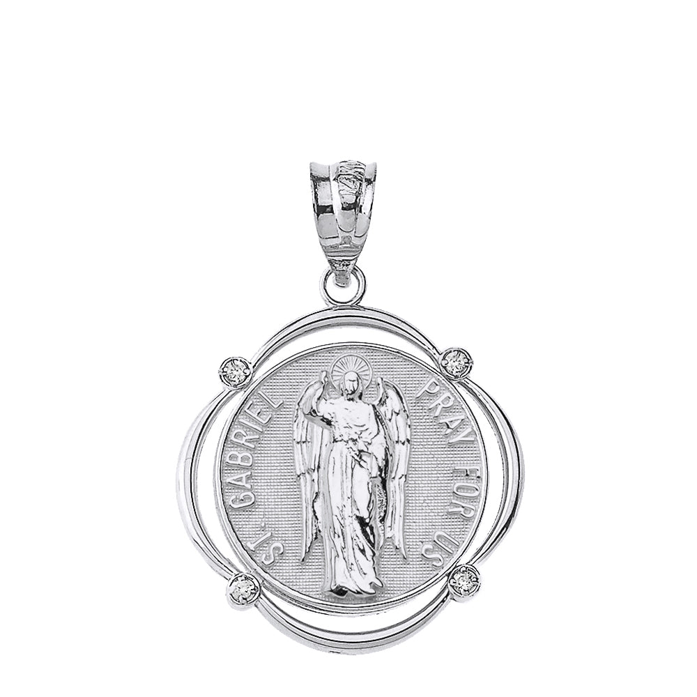 Sterling Silver Saint Gabriel Pray For Us CZ Circular Frame Pendant Necklace, view 2