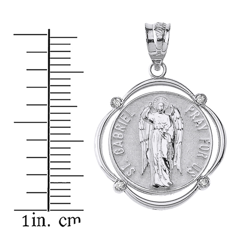 Sterling Silver Saint Gabriel Pray For Us CZ Circular Frame Pendant Necklace, view 3