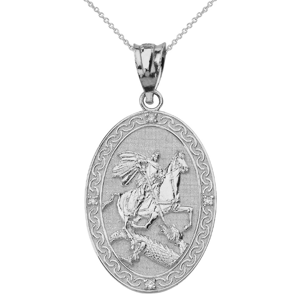 Sterling Silver Saint George and the Dragon Oval Engravable Medallion CZ Prayer Pendant Necklace (Large)