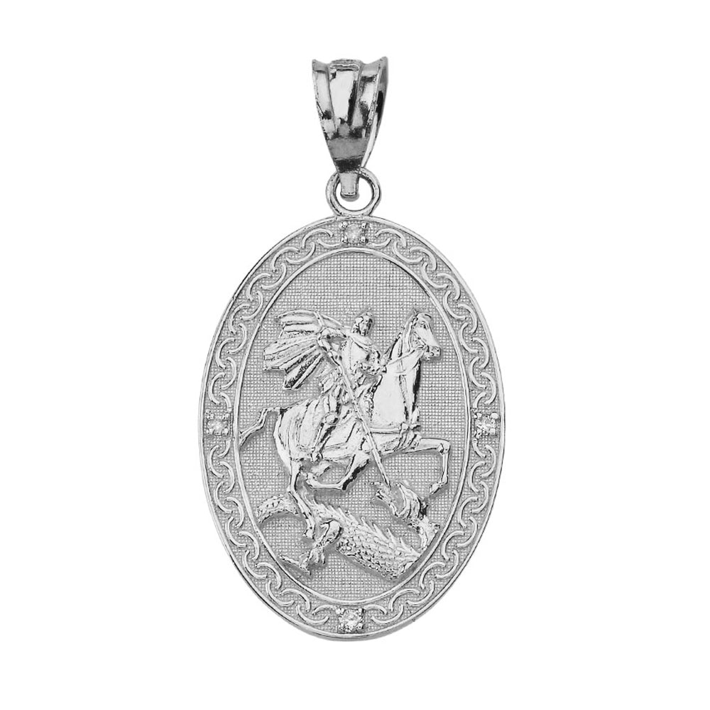 Sterling Silver Saint George and the Dragon Oval Engravable Medallion CZ Prayer Pendant Necklace (Large), view 2