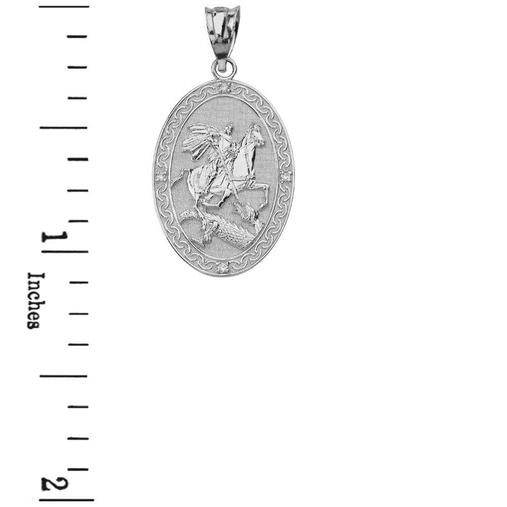 Sterling Silver Saint George and the Dragon Oval Engravable Medallion CZ Prayer Pendant Necklace (Large), view 3