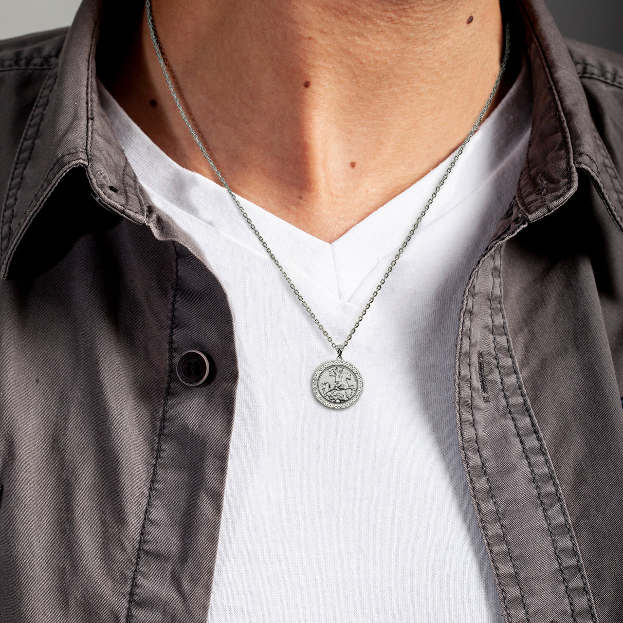 Sterling Silver Saint George Dragon Hunter 3D Charm Necklace, view 5