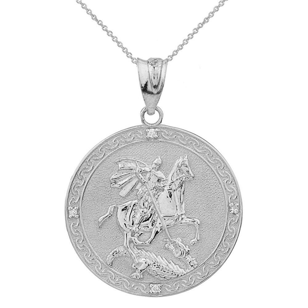 Sterling Silver Saint George Engravable CZ Medallion Pendant Necklace (Large)