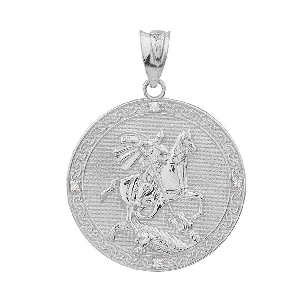 Sterling Silver Saint George Engravable CZ Medallion Pendant Necklace (Large), view 2