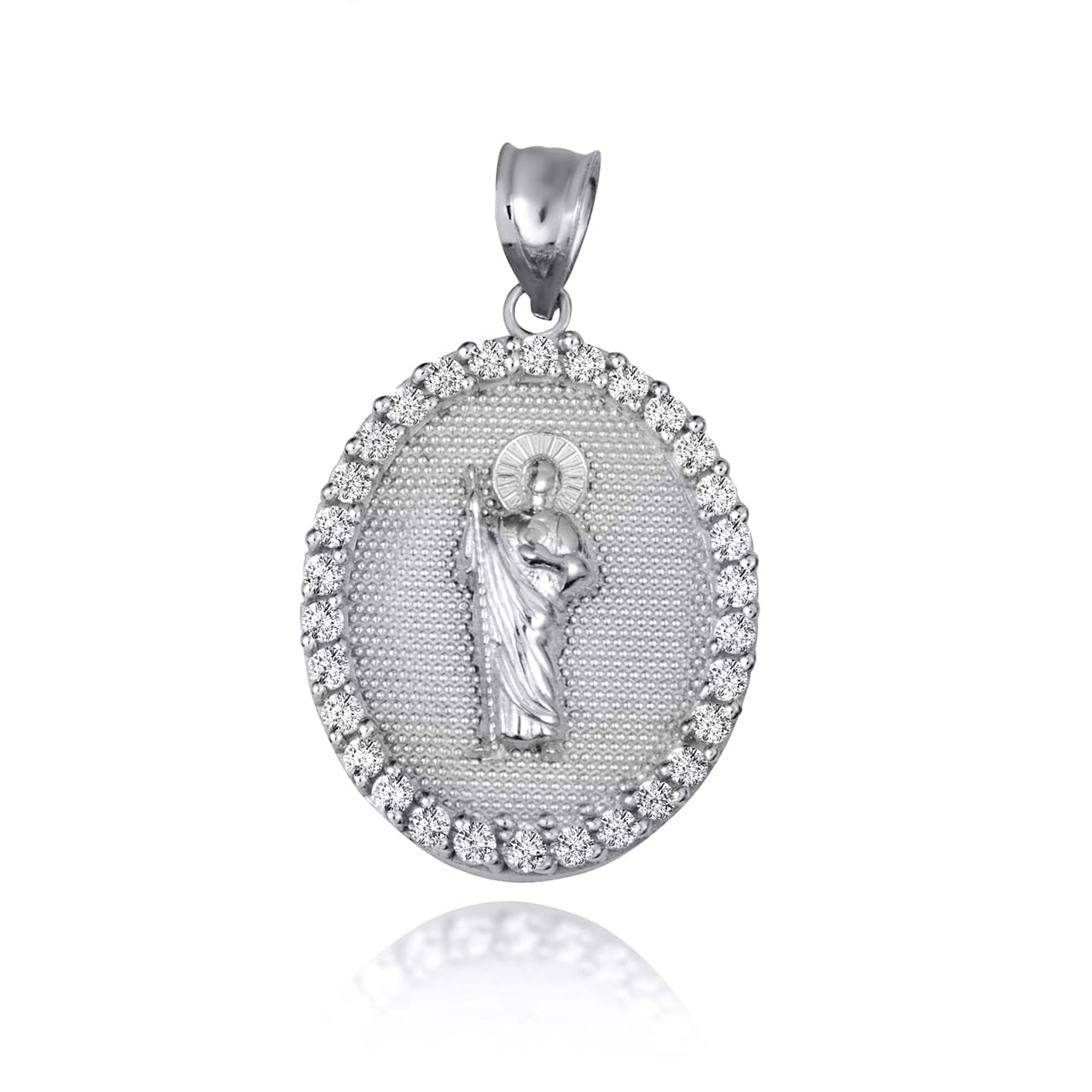 Sterling Silver Saint Jude Cubic Zirconia Oval Halo Beaded Medallion Pendant Necklace