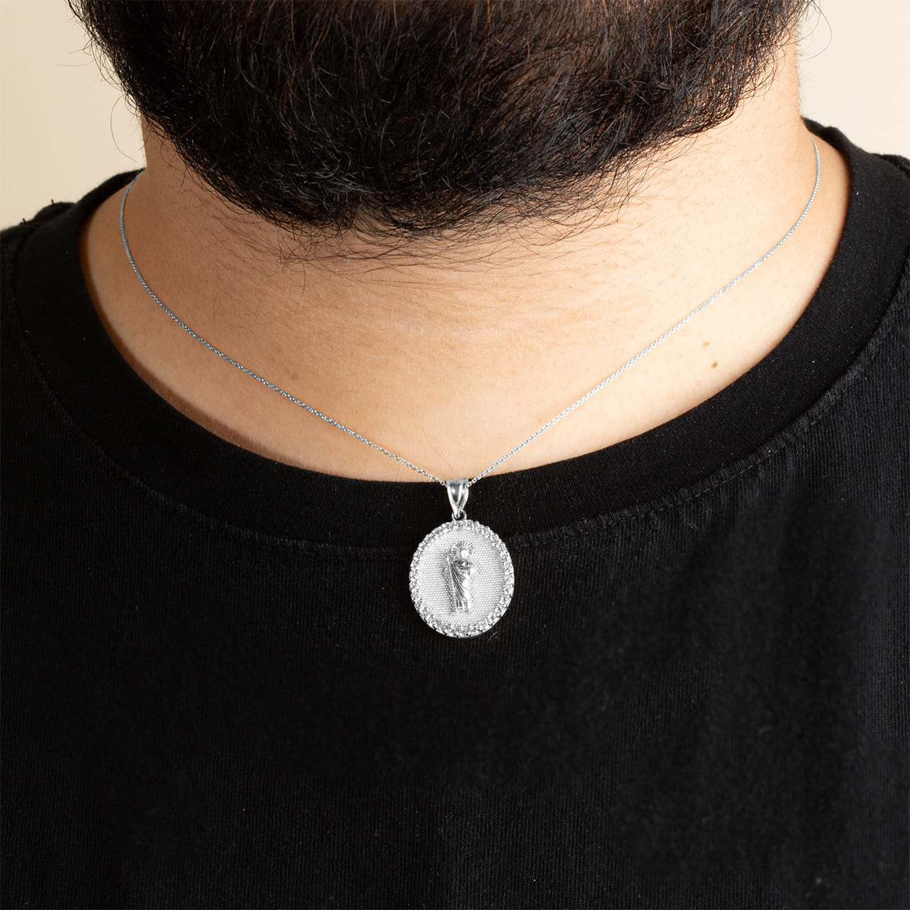 Sterling Silver Saint Jude Cubic Zirconia Oval Halo Beaded Medallion Pendant Necklace, view 2