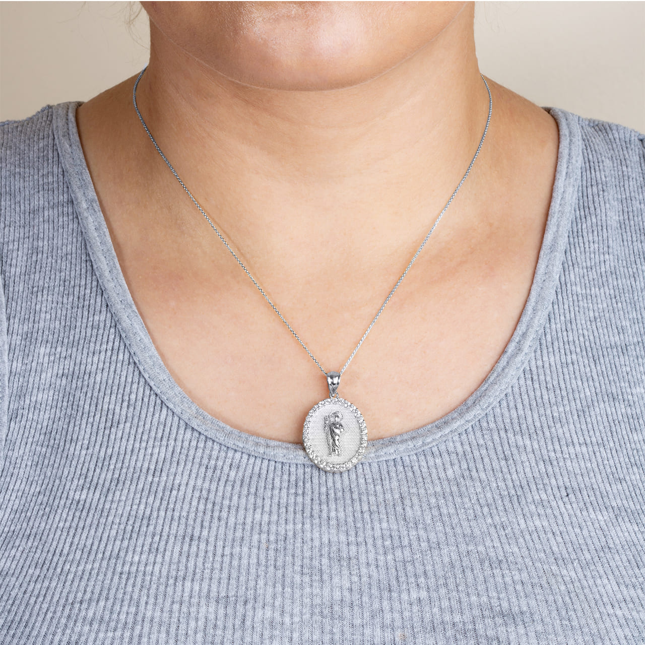 Sterling Silver Saint Jude Cubic Zirconia Oval Halo Beaded Medallion Pendant Necklace, view 3