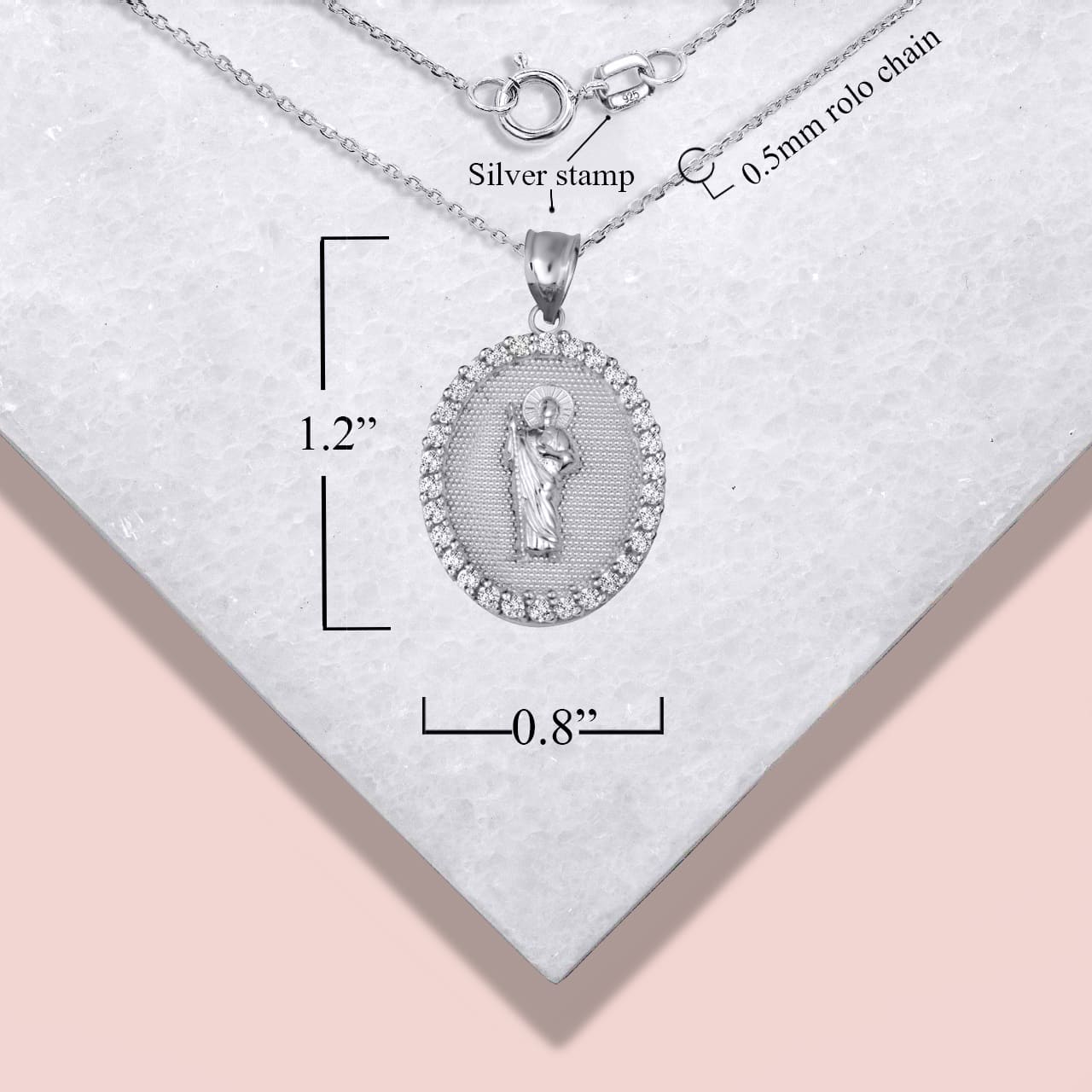 Sterling Silver Saint Jude Cubic Zirconia Oval Halo Beaded Medallion Pendant Necklace, view 4