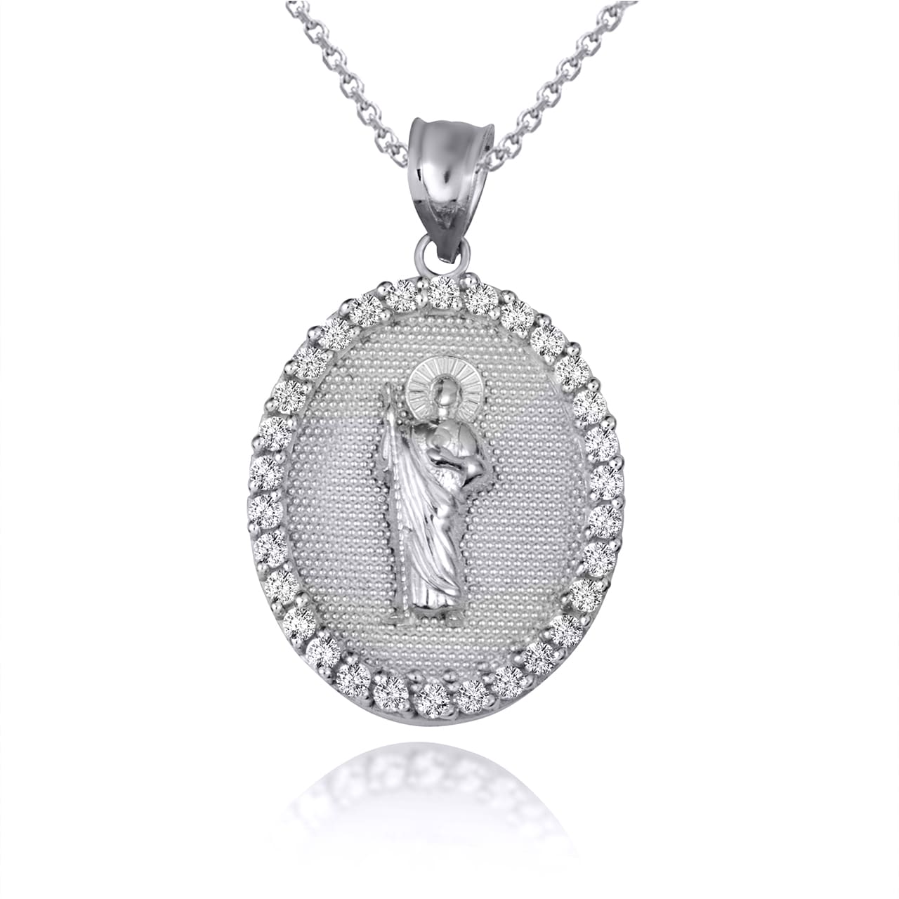 Sterling Silver Saint Jude Cubic Zirconia Oval Halo Beaded Medallion Pendant Necklace, view 5
