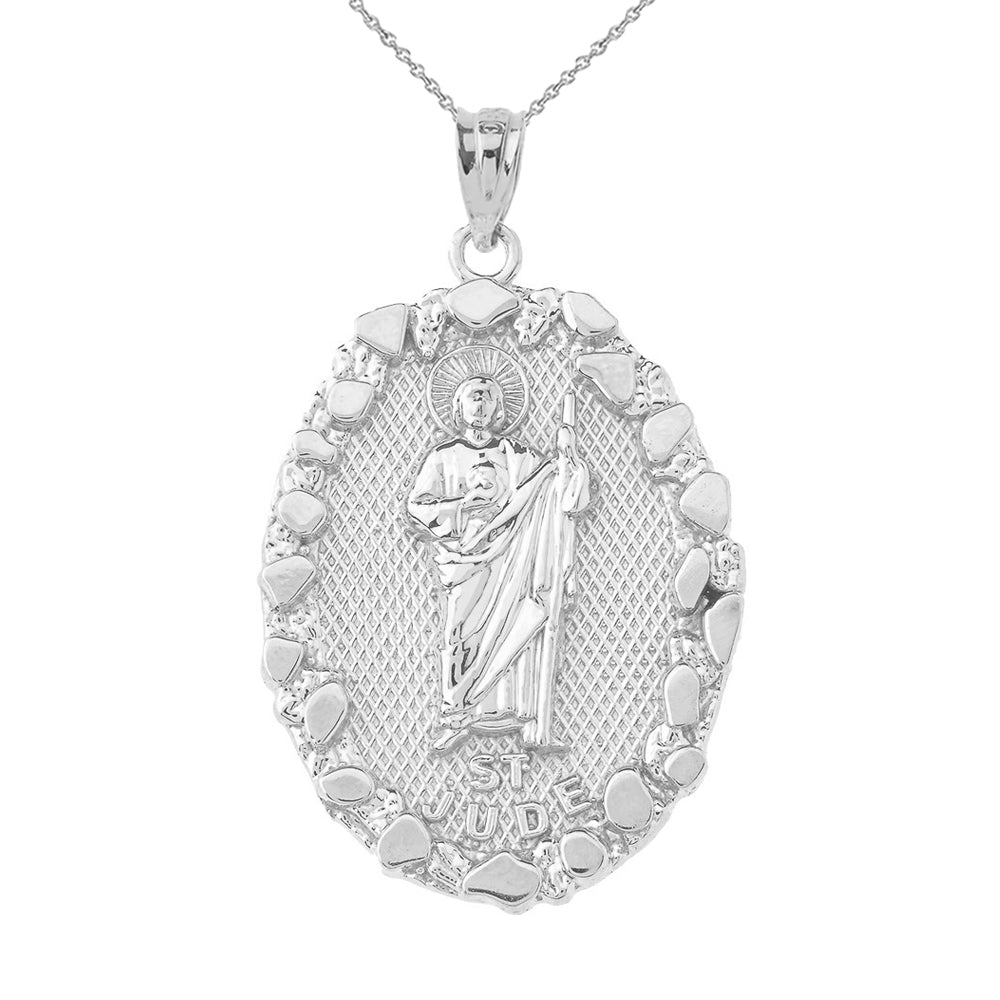 Sterling Silver Saint Jude Nugget Oval Medallion Pendant Necklace