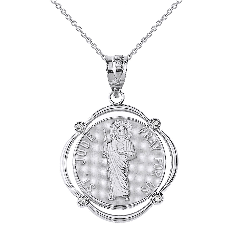 Sterling Silver Saint Jude Pray For Us CZ Circular Frame Pendant Necklace