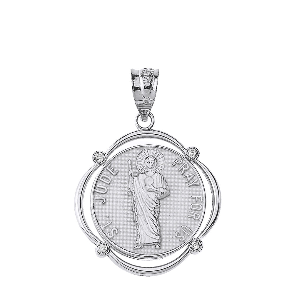 Sterling Silver Saint Jude Pray For Us CZ Circular Frame Pendant Necklace, view 2
