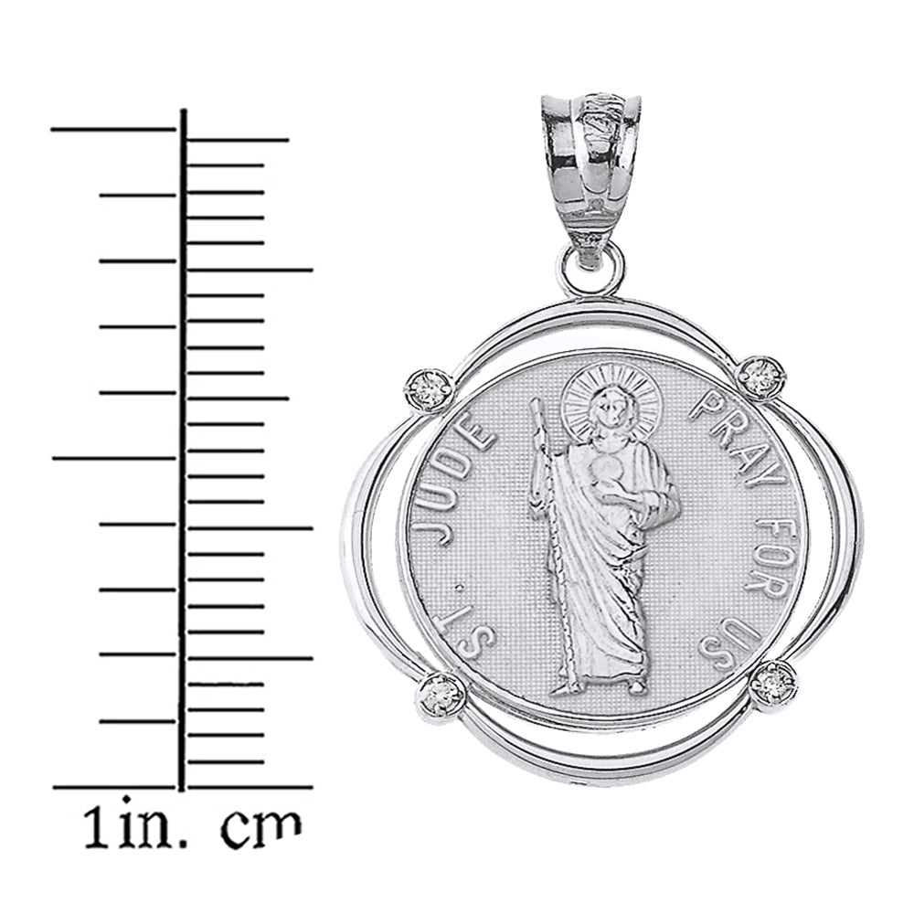 Sterling Silver Saint Jude Pray For Us CZ Circular Frame Pendant Necklace, view 3