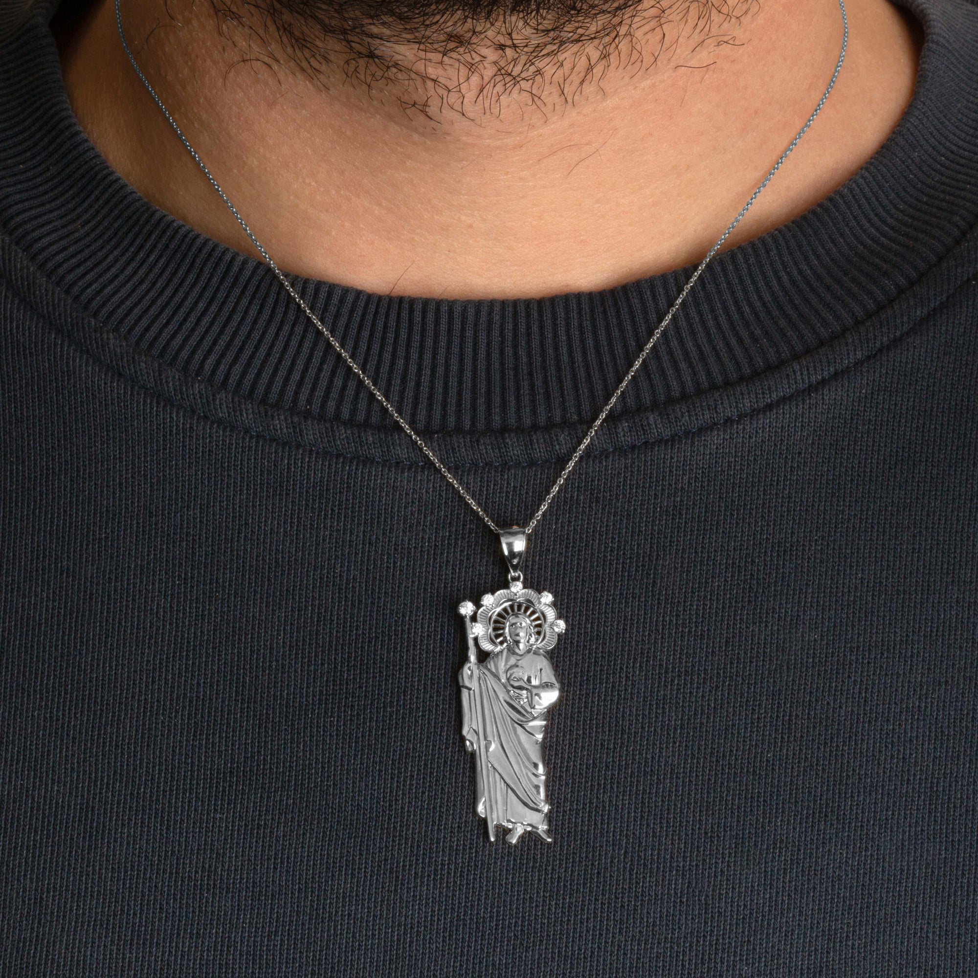 Sterling Silver Saint Jude Studded Pendant Necklace, view 2