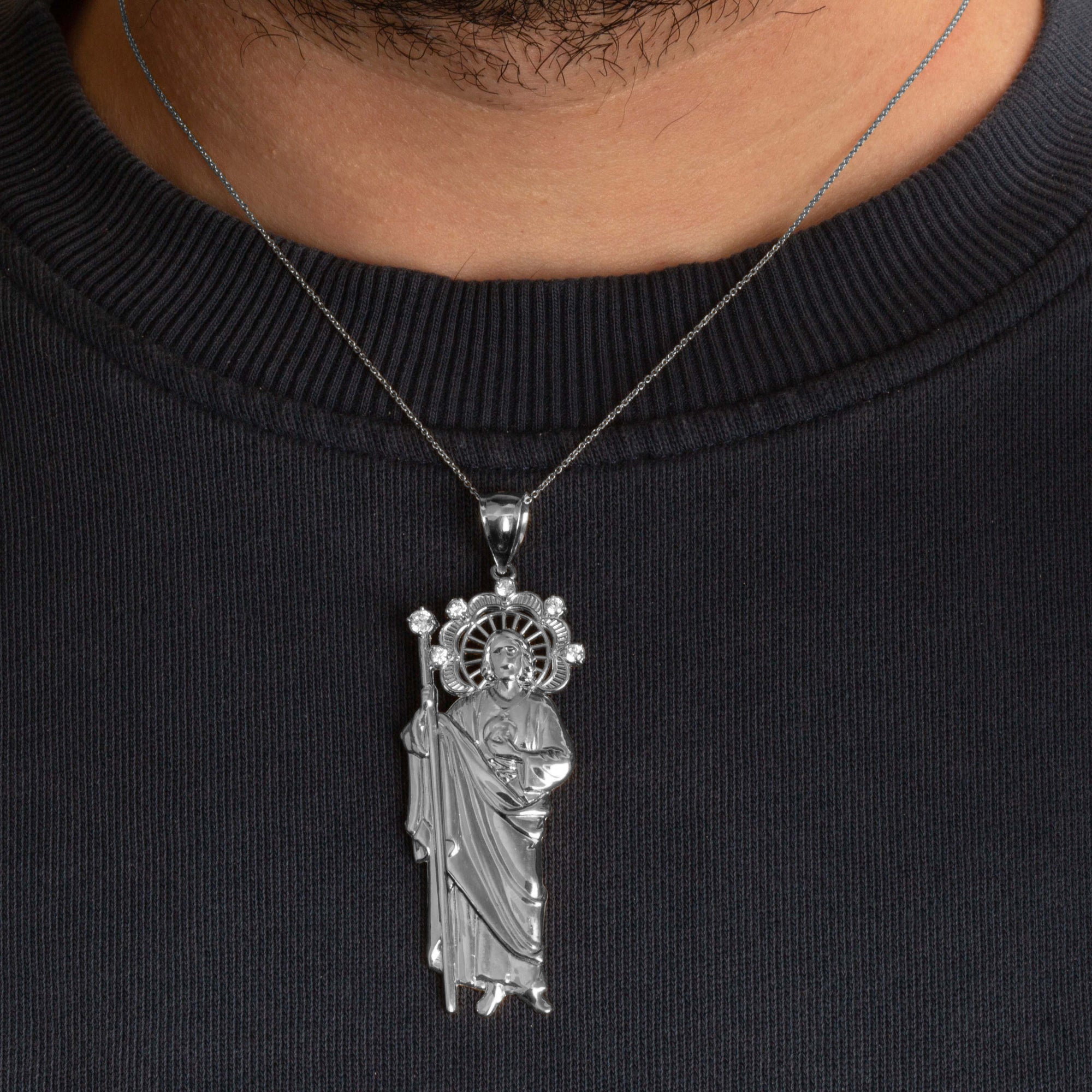 Sterling Silver Saint Jude Studded Pendant Necklace, view 3