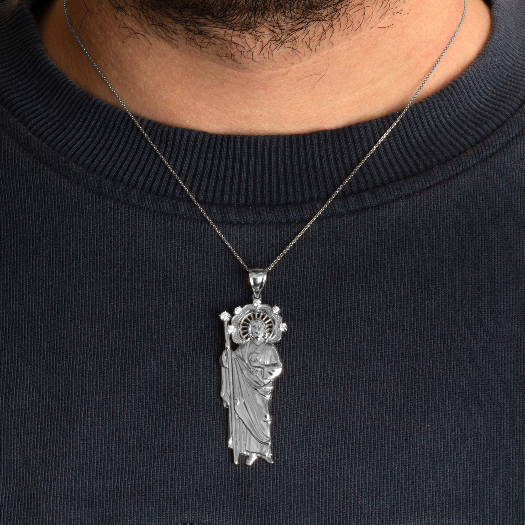 Sterling Silver Saint Jude Studded Pendant Necklace, view 4