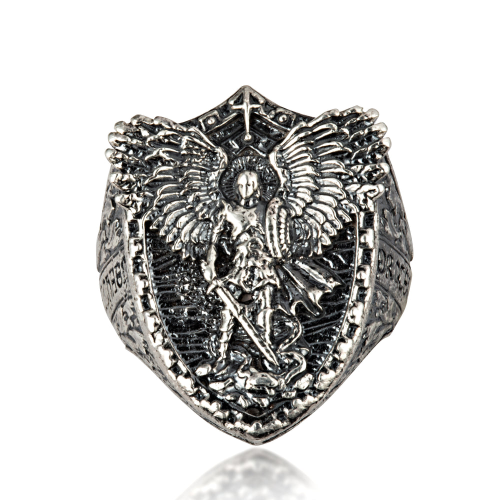 Sterling Silver Saint Michael Archangel Protection Shield Men's Signet Ring