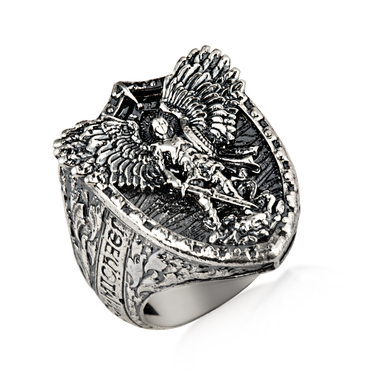 Sterling Silver Saint Michael Archangel Protection Shield Men's Signet Ring, view 3
