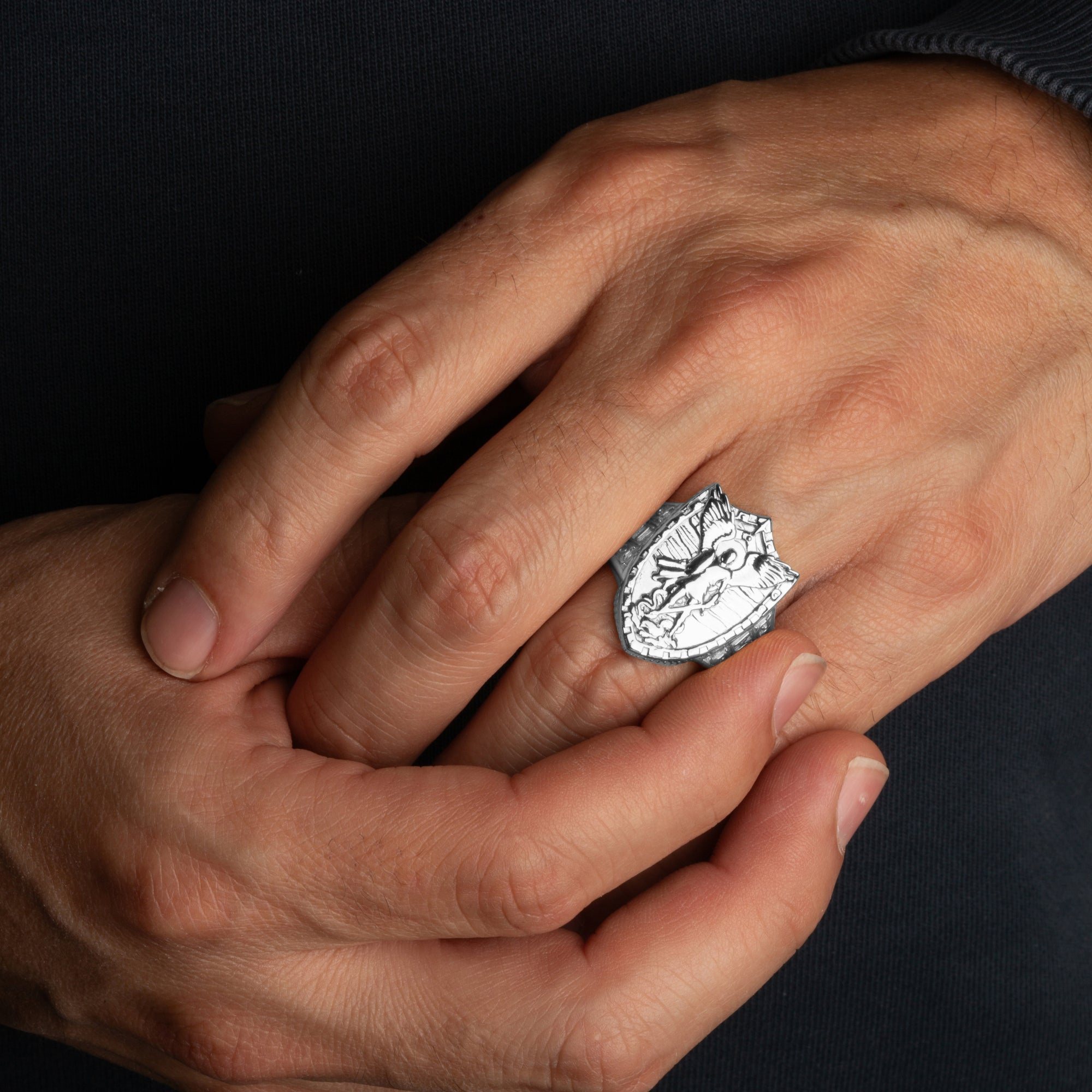 Sterling Silver Saint Michael Archangel Shield Signet Ring, view 2