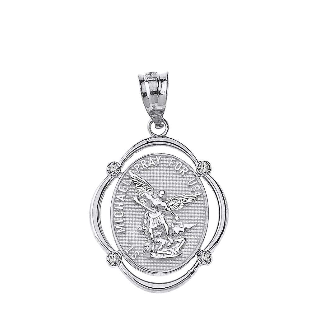 Sterling Silver Saint Michael Pray For Us CZ Oval Frame Pendant Necklace, view 2