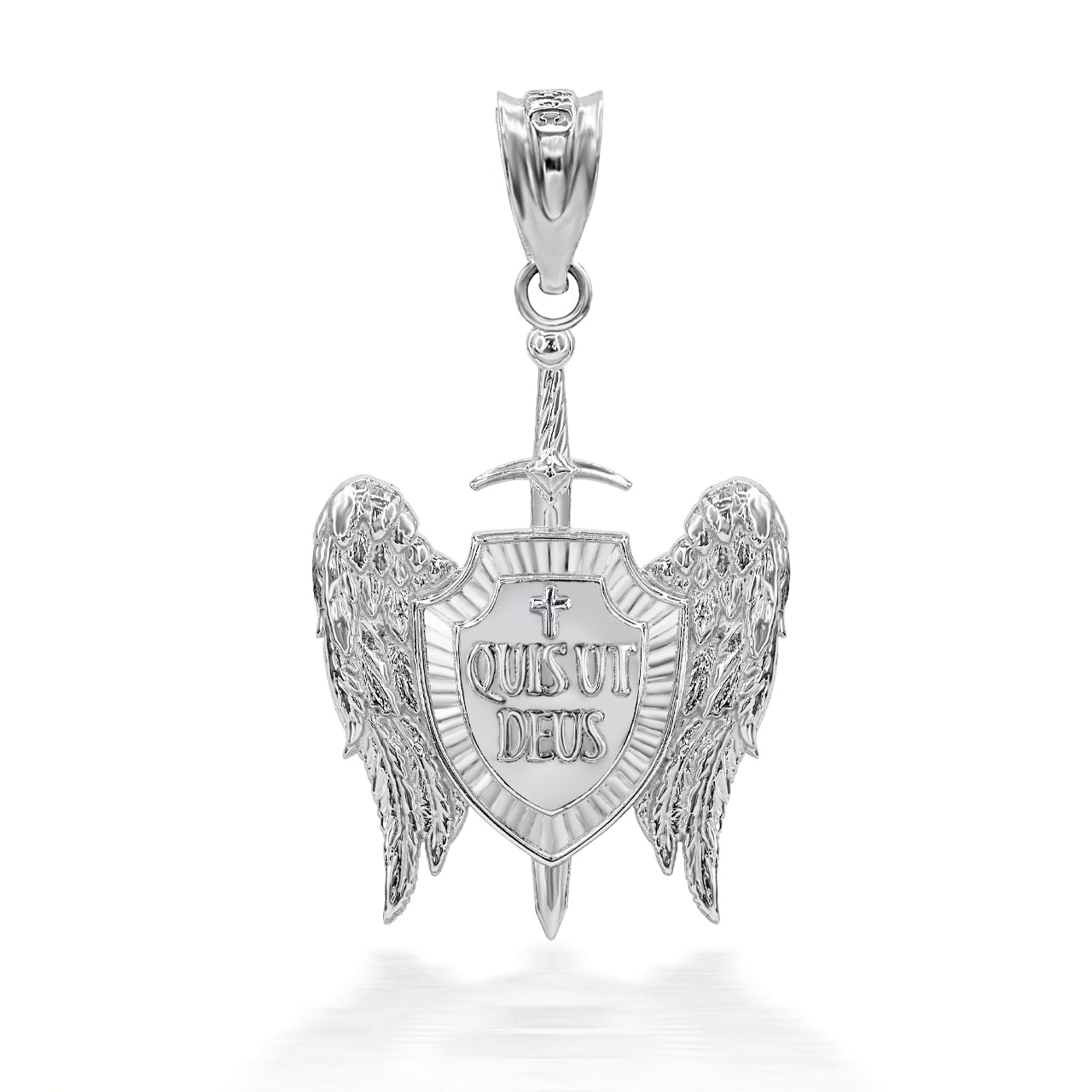 Sterling Silver Saint Michael Sword and Shield "Quis ut Deus" Pendant Necklace