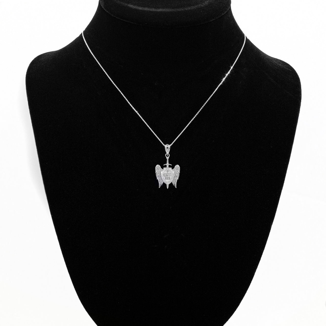 Sterling Silver Saint Michael Sword and Shield "Quis ut Deus" Pendant Necklace, view 5