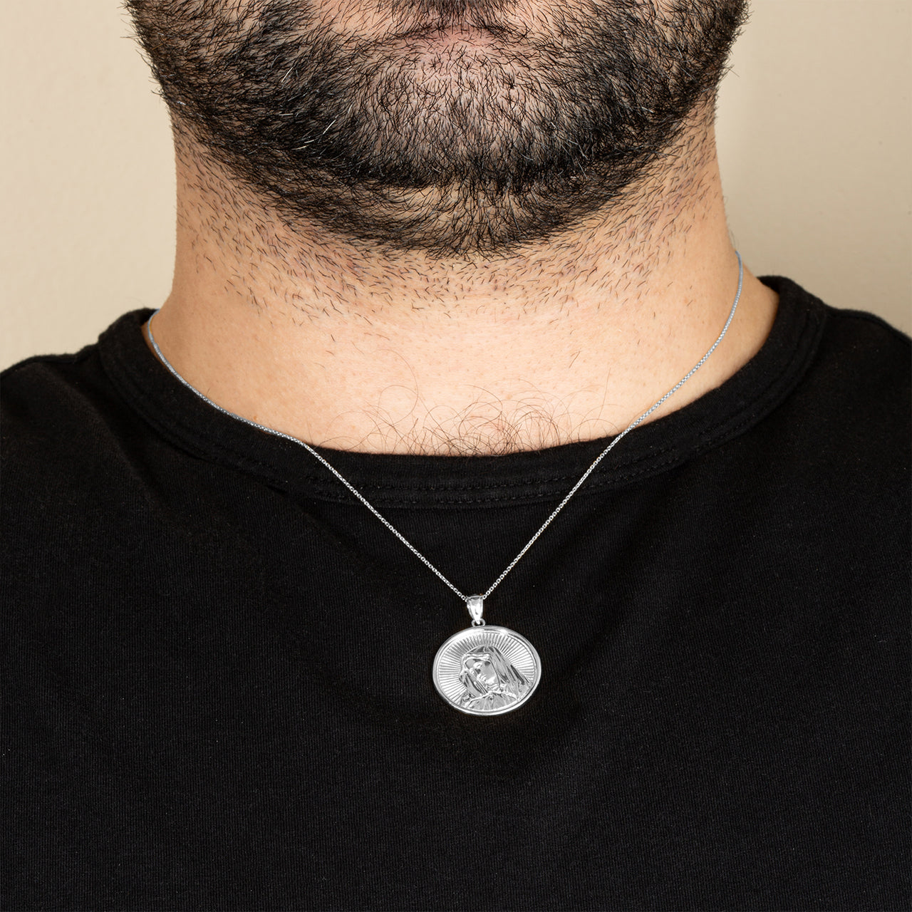 Sterling Silver Saint Mother Virgin Mary Medallion Pendant Necklace, view 2