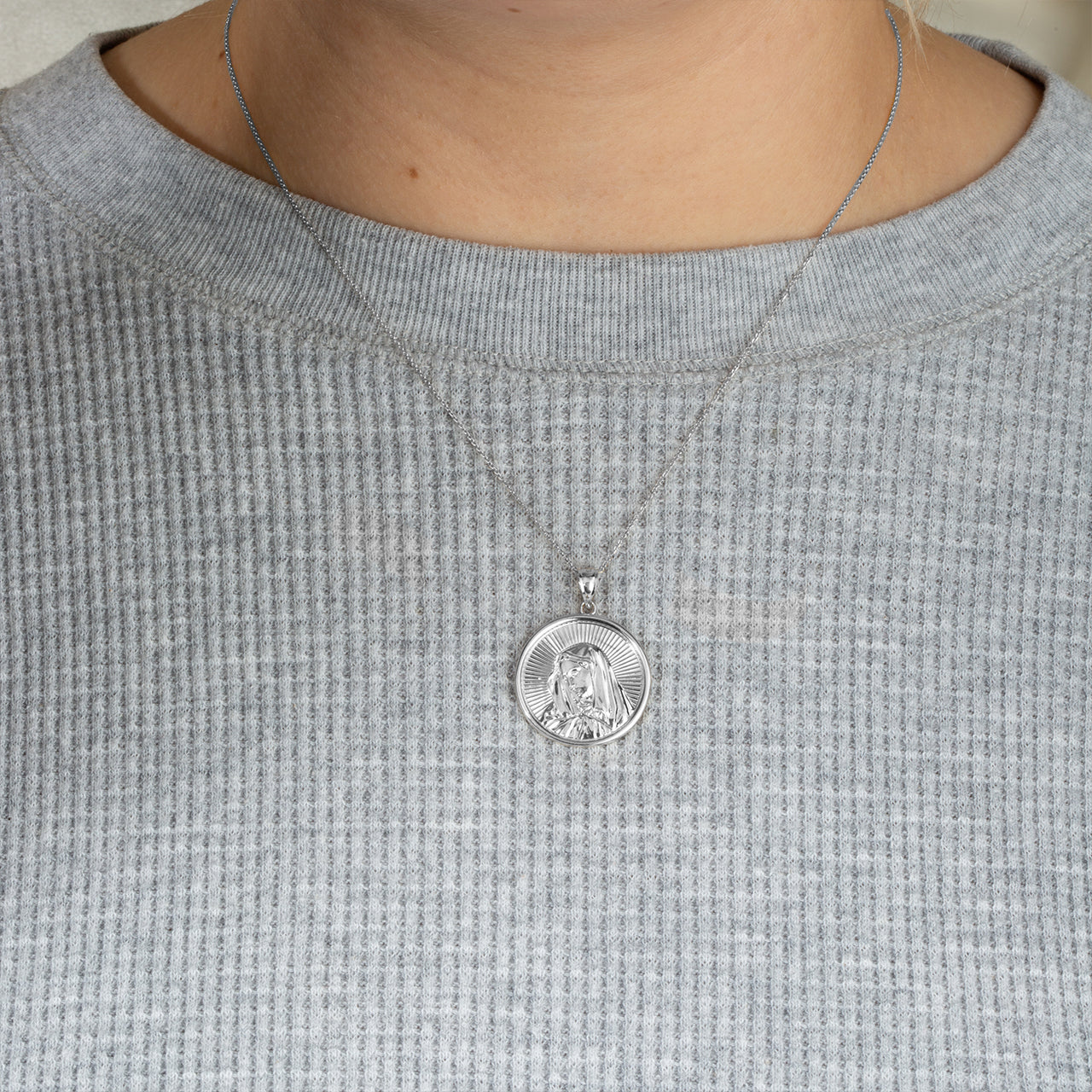 Sterling Silver Saint Mother Virgin Mary Medallion Pendant Necklace, view 3