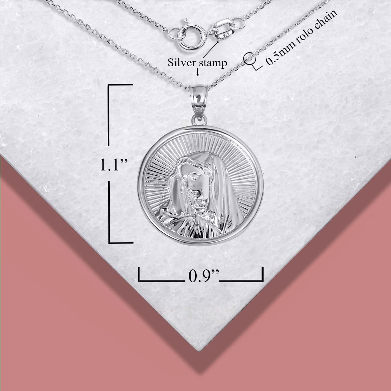 Sterling Silver Saint Mother Virgin Mary Medallion Pendant Necklace, view 4