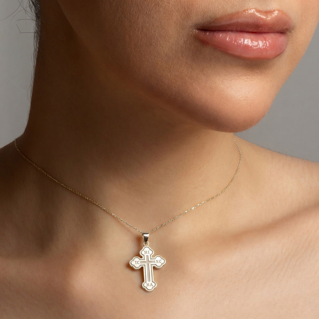 Sterling Silver Saint Nicholas Greek Orthodox Russian Cross Pendant Necklace, view 2