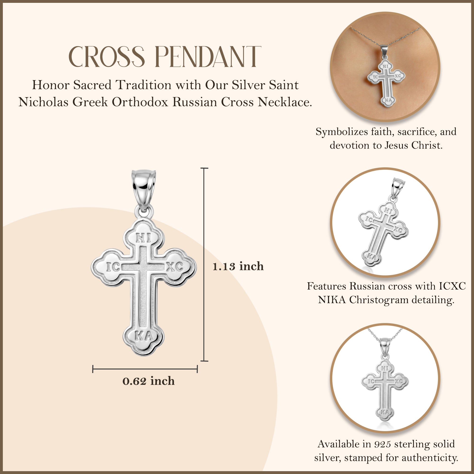 Sterling Silver Saint Nicholas Greek Orthodox Russian Cross Pendant Necklace, view 4