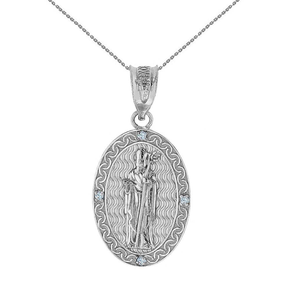 Sterling Silver Saint Patrick CZ Oval Engravable Medallion Pendant Necklace 1.03" (26 mm)
