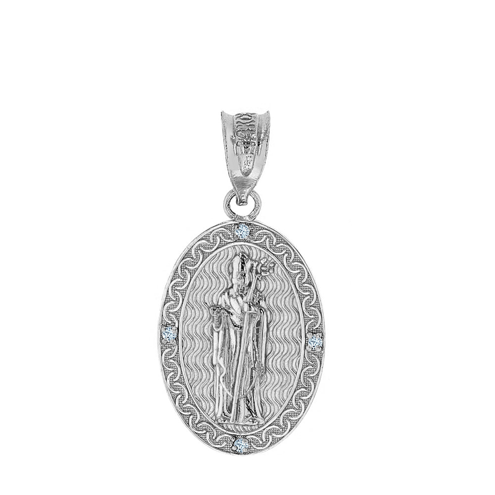 Sterling Silver Saint Patrick CZ Oval Engravable Medallion Pendant Necklace 1.03" (26 mm), view 2
