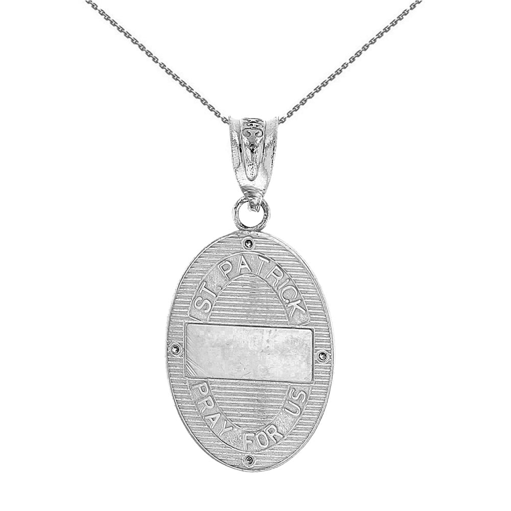 Sterling Silver Saint Patrick CZ Oval Engravable Medallion Pendant Necklace 1.03" (26 mm), view 3
