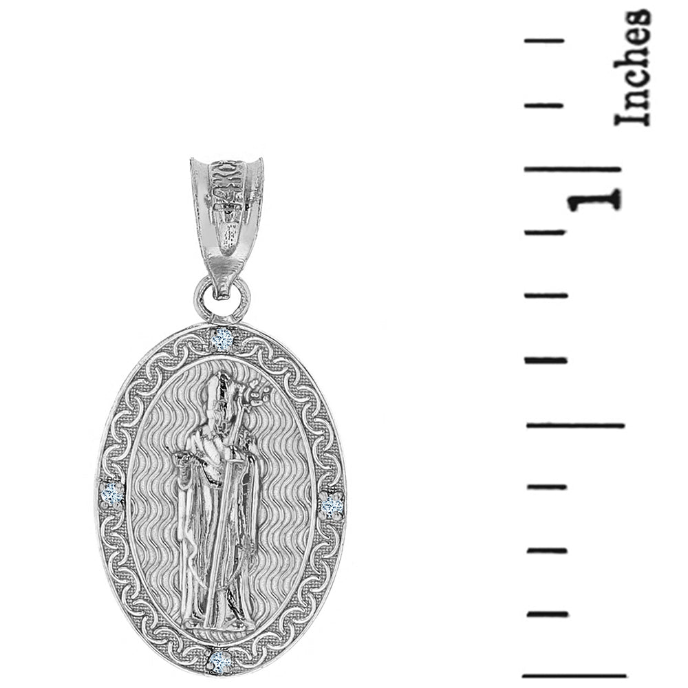 Sterling Silver Saint Patrick CZ Oval Engravable Medallion Pendant Necklace 1.03" (26 mm), view 5