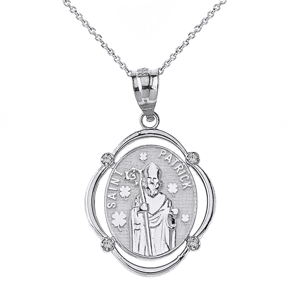 Sterling Silver Saint Patrick CZ Oval Frame Pendant Necklace