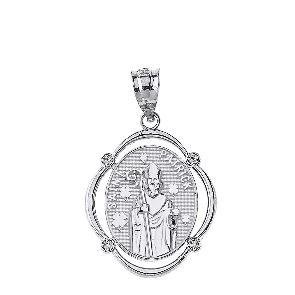 Sterling Silver Saint Patrick CZ Oval Frame Pendant Necklace, view 2