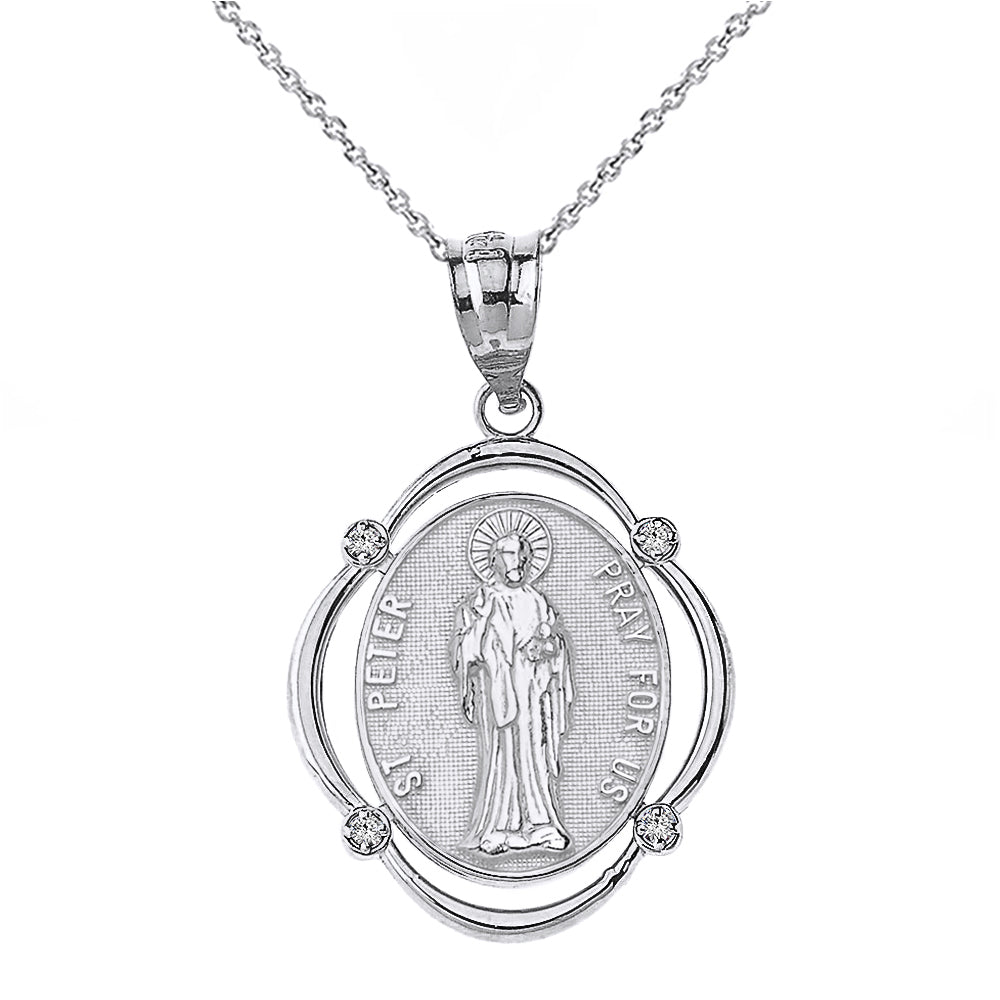 Sterling Silver Saint Peter Pray For Us CZ Oval Frame Pendant Necklace