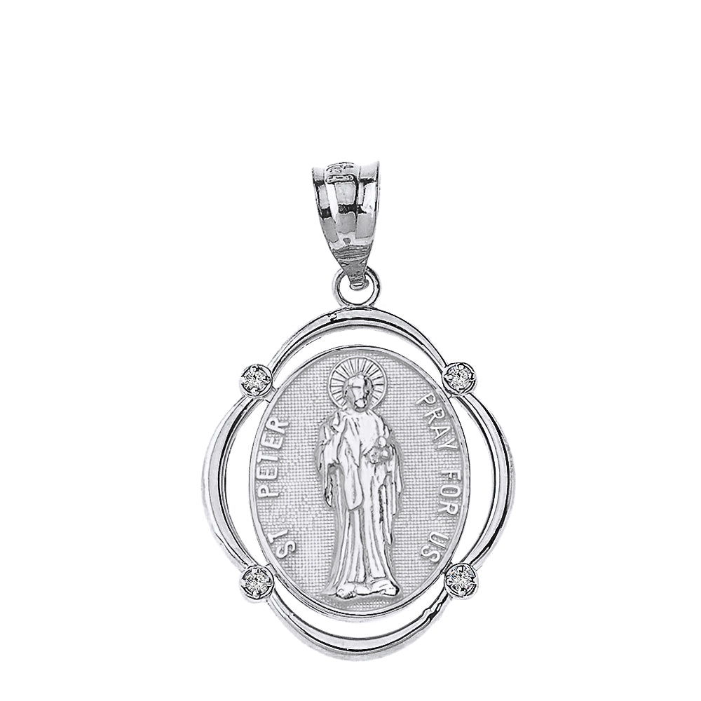 Sterling Silver Saint Peter Pray For Us CZ Oval Frame Pendant Necklace, view 2