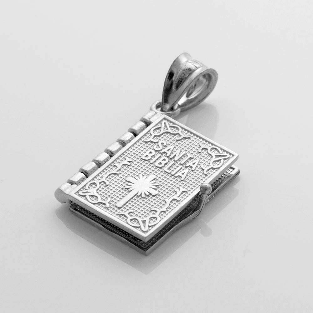Sterling Silver Santa Biblia Spanish Open Holy Bible Pendant Necklace, view 2