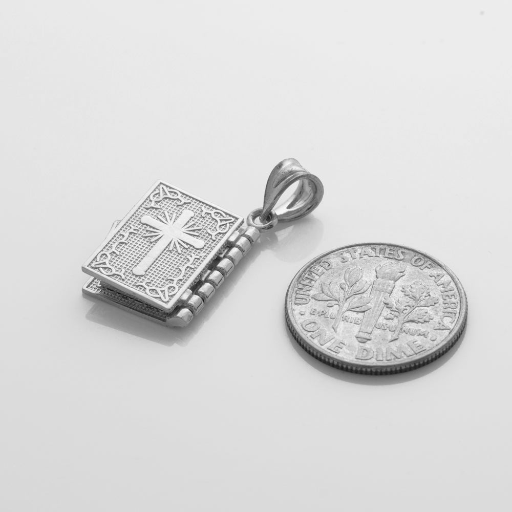 Sterling Silver Santa Biblia Spanish Open Holy Bible Pendant Necklace, view 3