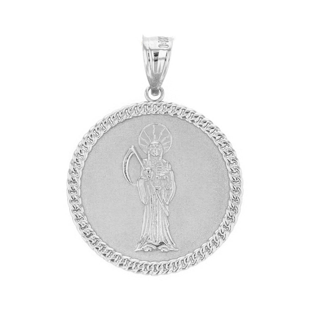 Sterling Silver Santa Muerte Cuban Link Frame Medallion Pendant Necklace 1.34 " (34 mm), view 2