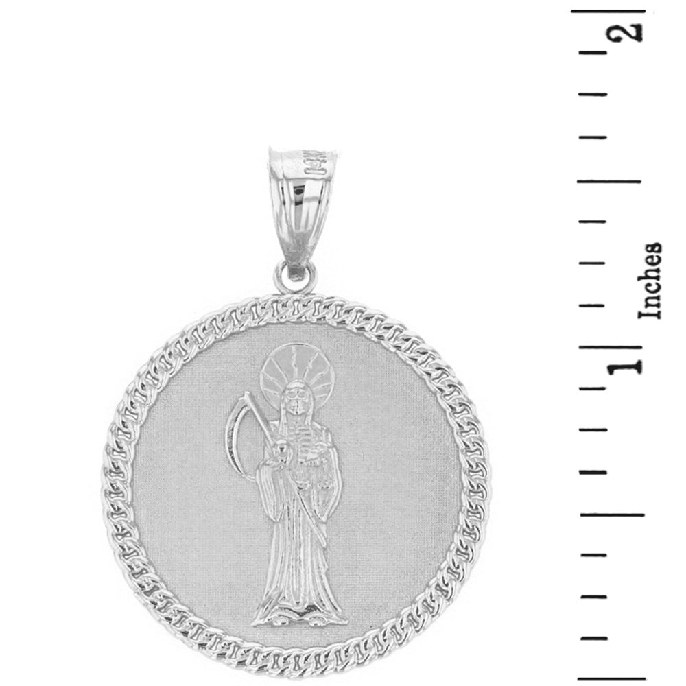 Sterling Silver Santa Muerte Cuban Link Frame Medallion Pendant Necklace 1.34 " (34 mm), view 3