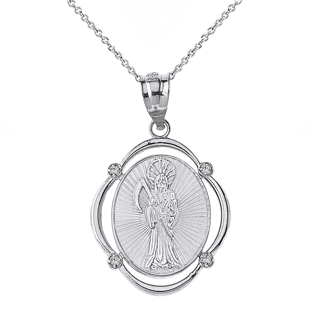 Sterling Silver Santa Muerte CZ Oval Frame Pendant Necklace