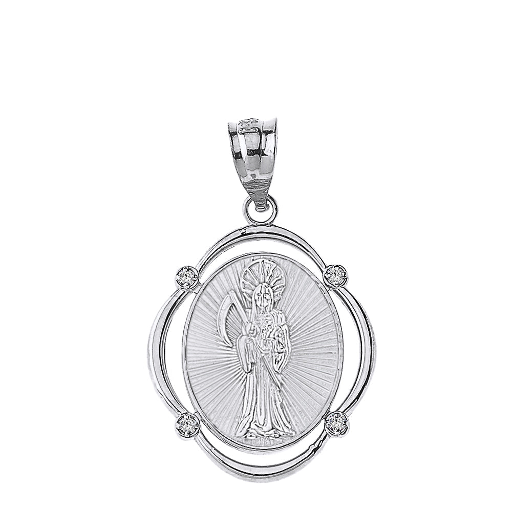 Sterling Silver Santa Muerte CZ Oval Frame Pendant Necklace, view 2